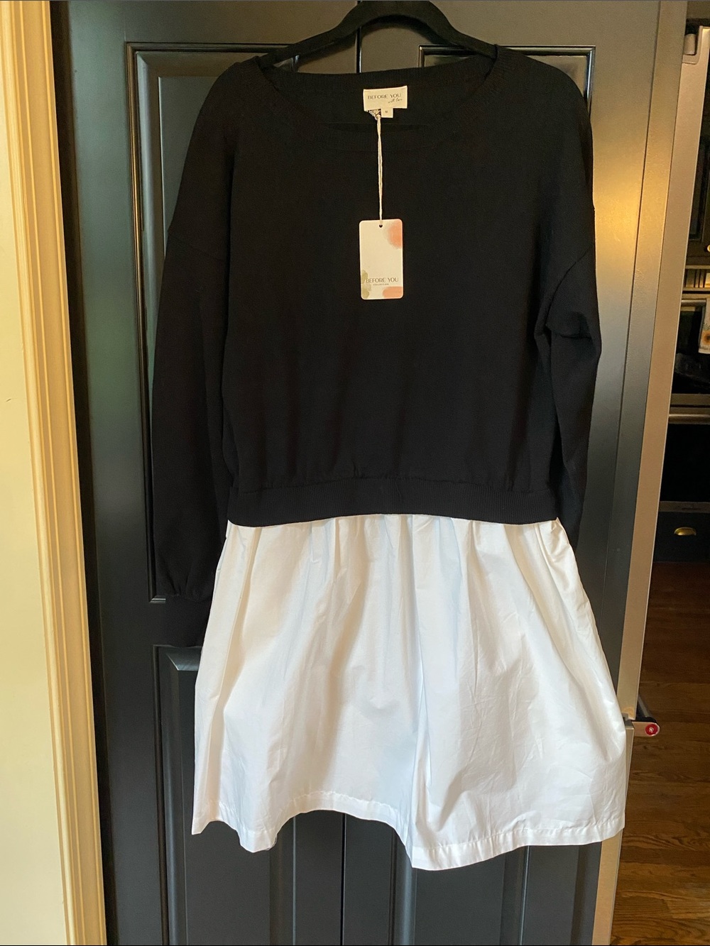 Black and White Layered Crewneck Sweater Dress by Encore You